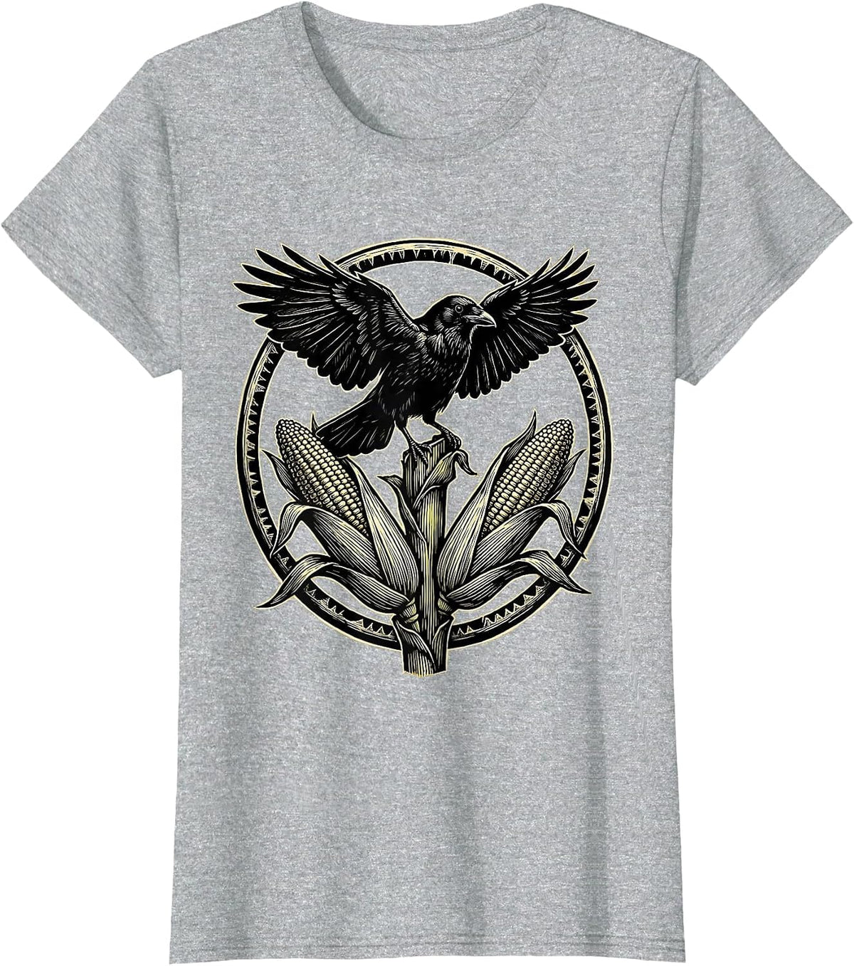 Crow Perched on Corn Stalk Harvest Illustration T-Shirt - Heather Grey