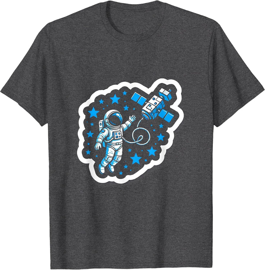 Men's Astronaut Drifting Away From Spaceship Design T-Shirt - Dark Heather Grey