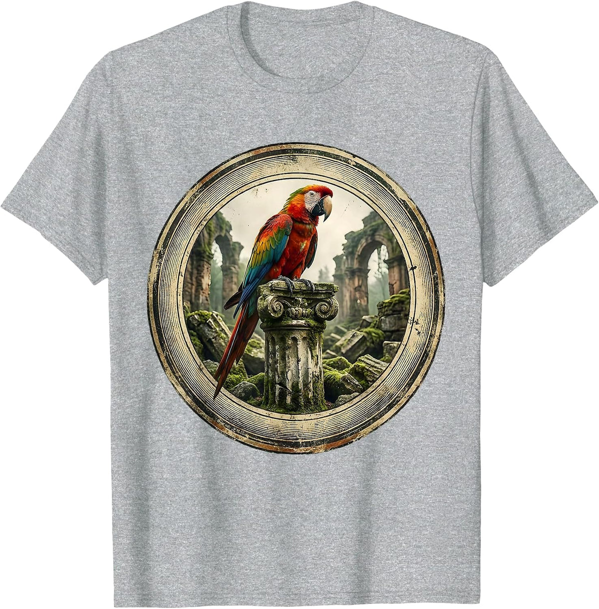 Men's Parakeet on Stone Ruins Graphic Design T-Shirt - Heather Grey