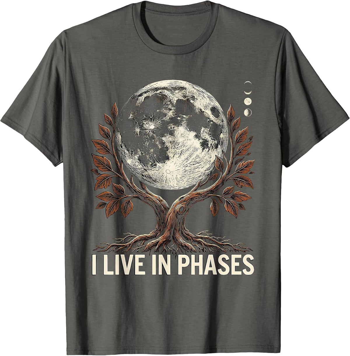 I Live In Phases Mystic Moon Phases Boho Celestial Botanical T-Shirt - Asphalt Grey