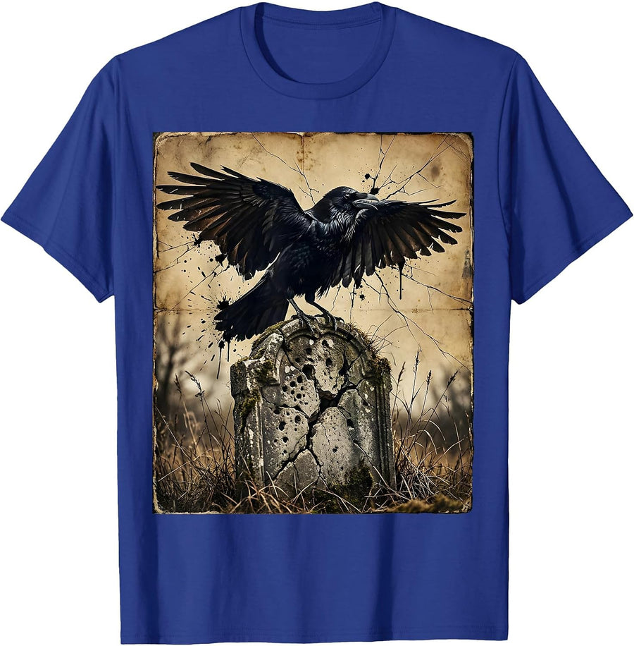 Crow on Gravestone Spooky Season Halloween Art T-Shirt - Royal Blue