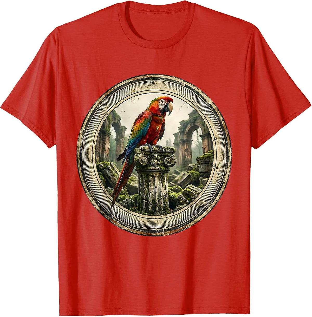 Men's Parakeet on Stone Ruins Graphic Design T-Shirt - Red