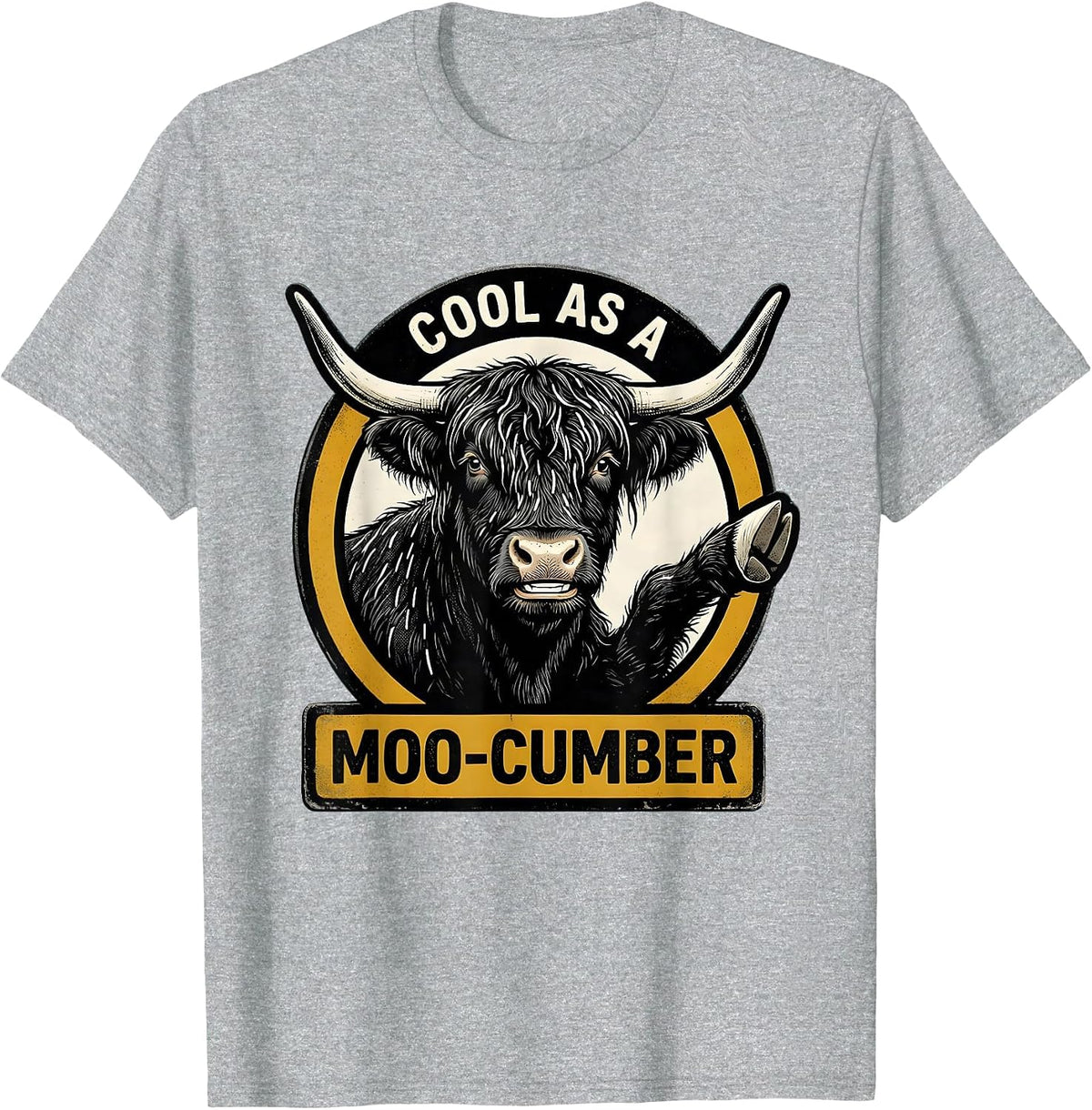 Men's Cool As A Moo-cumber Retro Cartoon Highland Cow Humor T-Shirt - Heather Grey