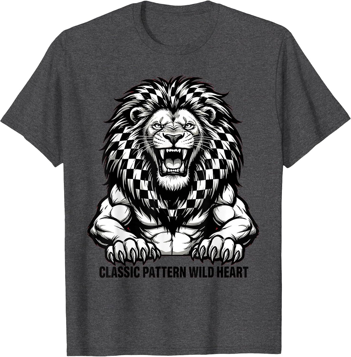 Classic Pattern Wild Heart Checkered Design T-Shirt - Dark Heather Grey