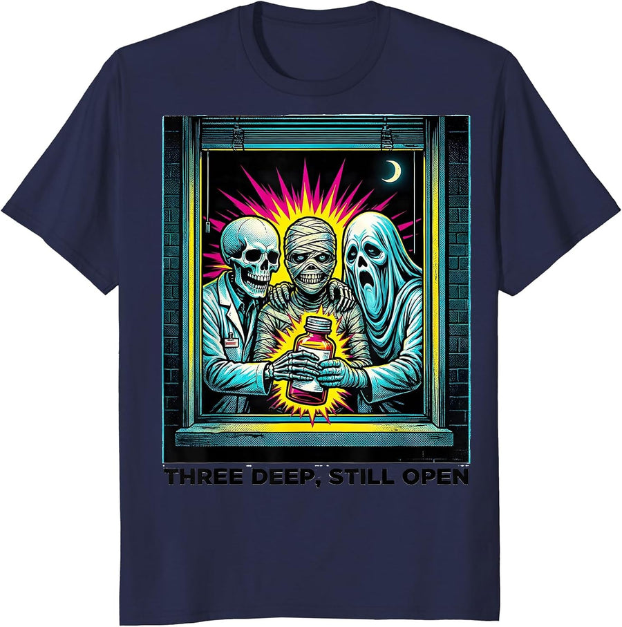 Three Deep Still Open Funny Pharmacy Tech Halloween Costume T-Shirt - Navy Blue
