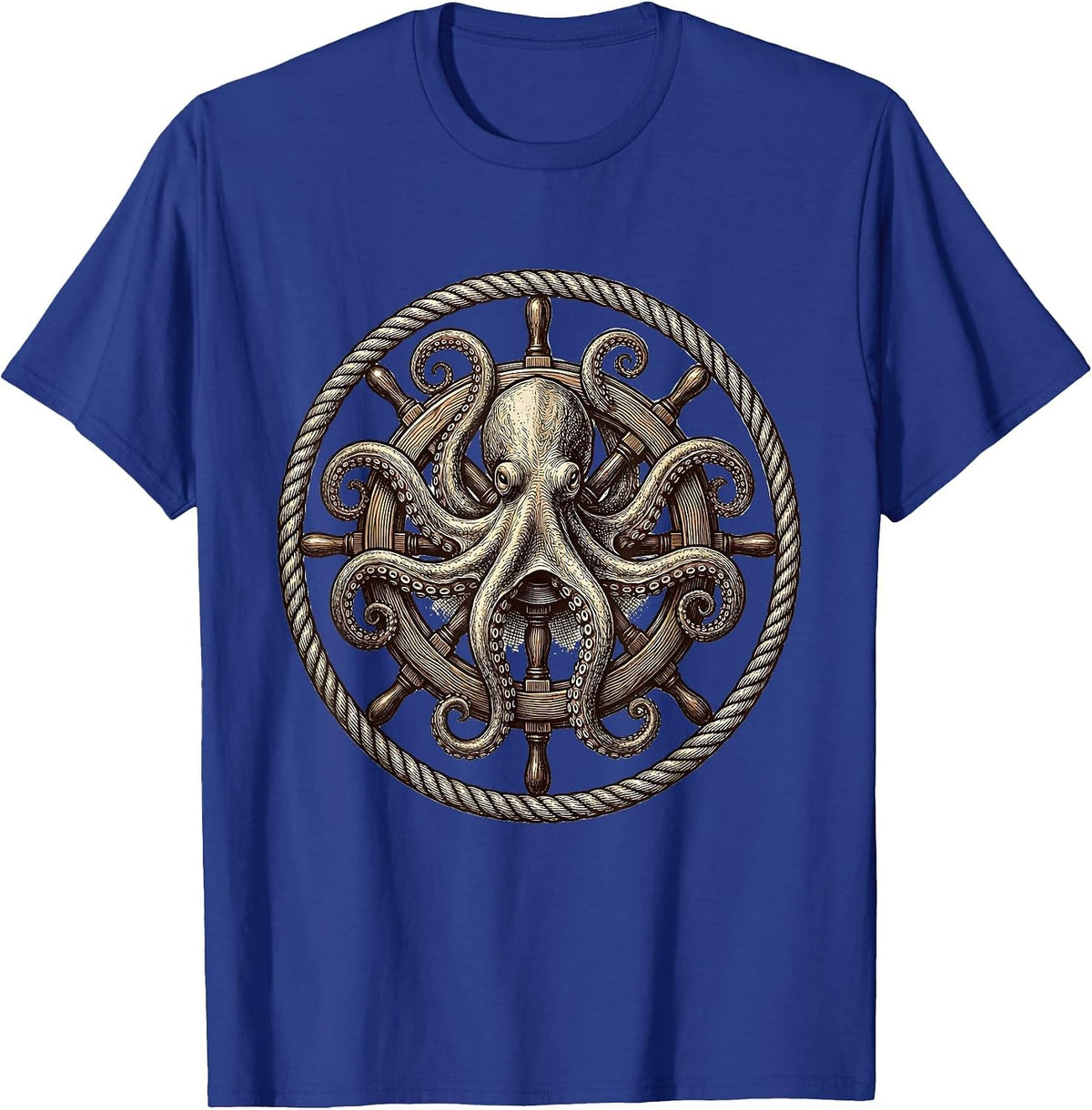 Octopus Steering Wheel Vintage Nautical Graphic T-Shirt - Royal Blue