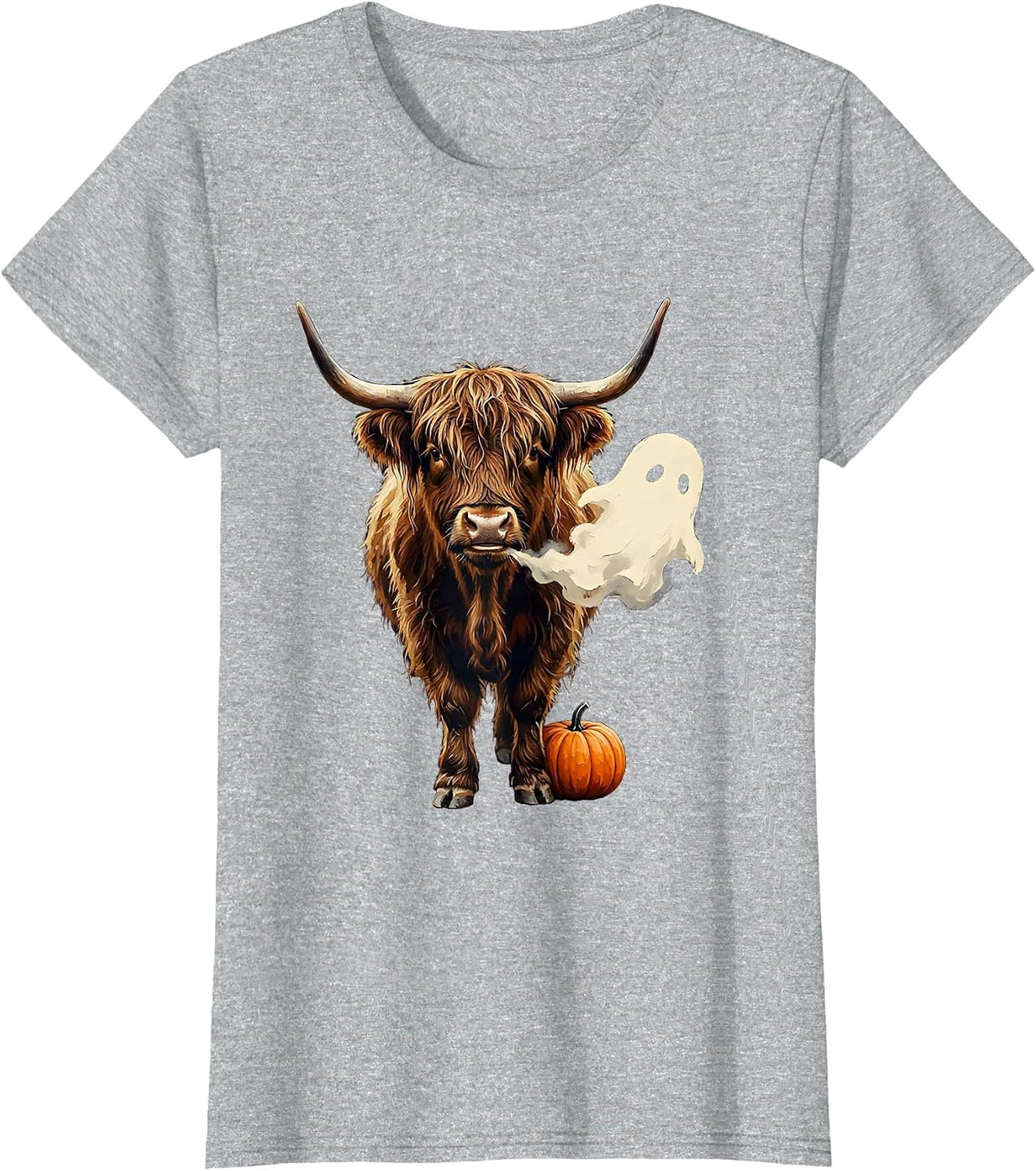 Women's Shaggy Highland Cow Ghost Pumpkin Spooky Halloween Humor T-Shirt - Heather Grey