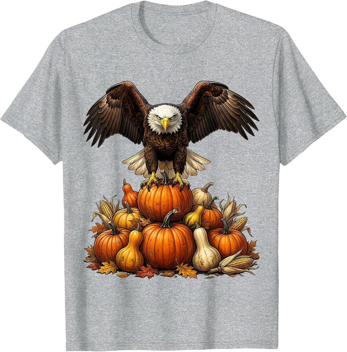 Men's Bald Eagle Perched on Pumpkins Thanksgiving T-Shirt - Heather Grey
