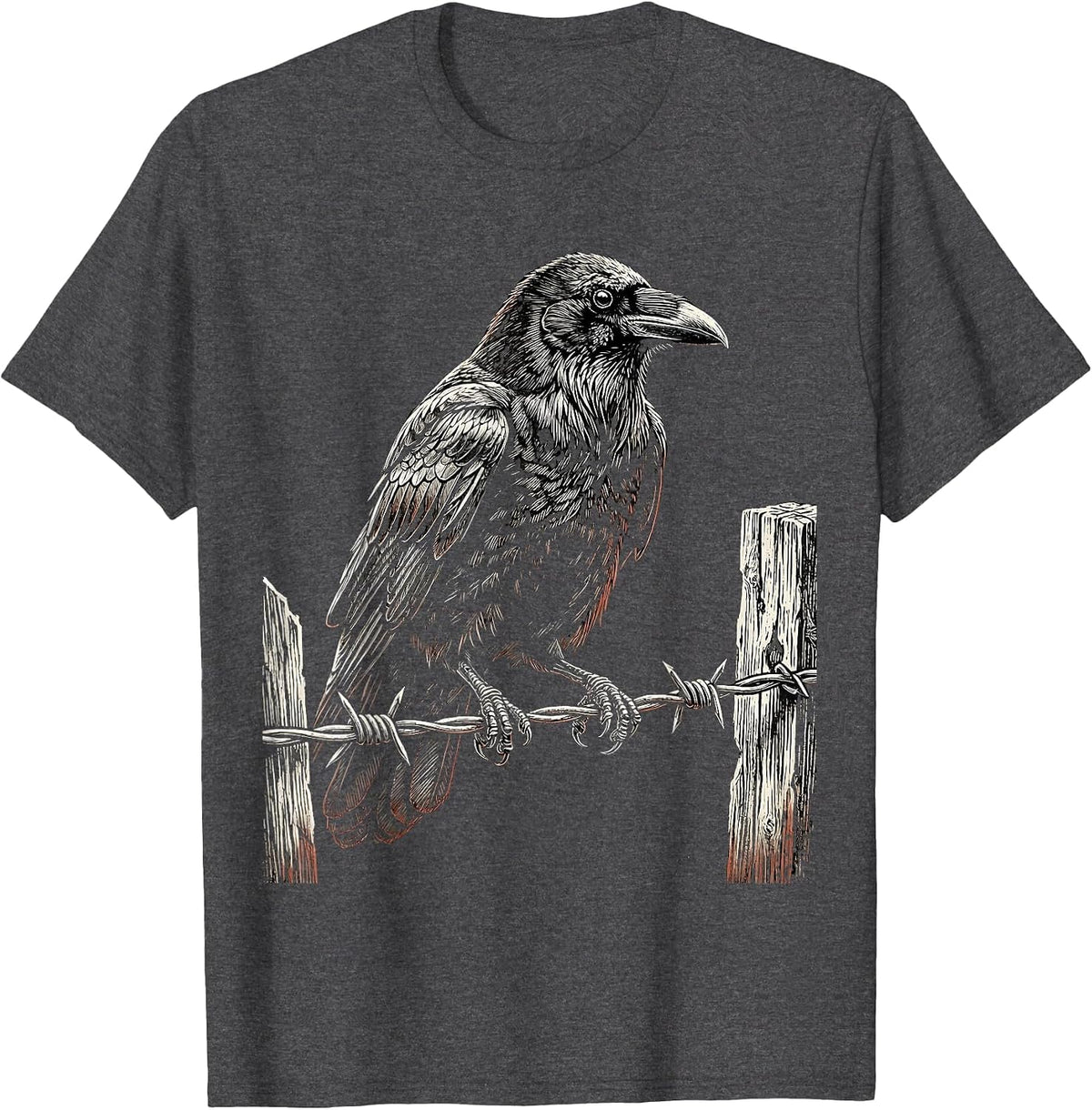 Crow on Barbed Wire Fence Illustration T-Shirt - Dark Heather Grey