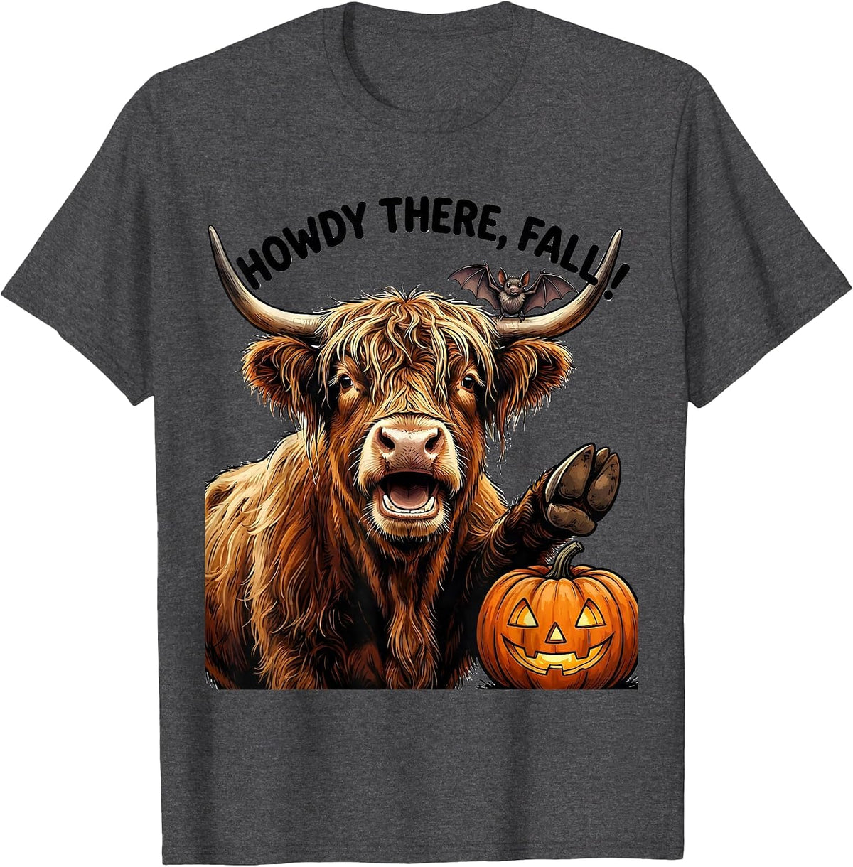 Men's Howdy There, Fall! Whimsical Highland Cow Halloween Pun T-Shirt - Dark Heather Grey