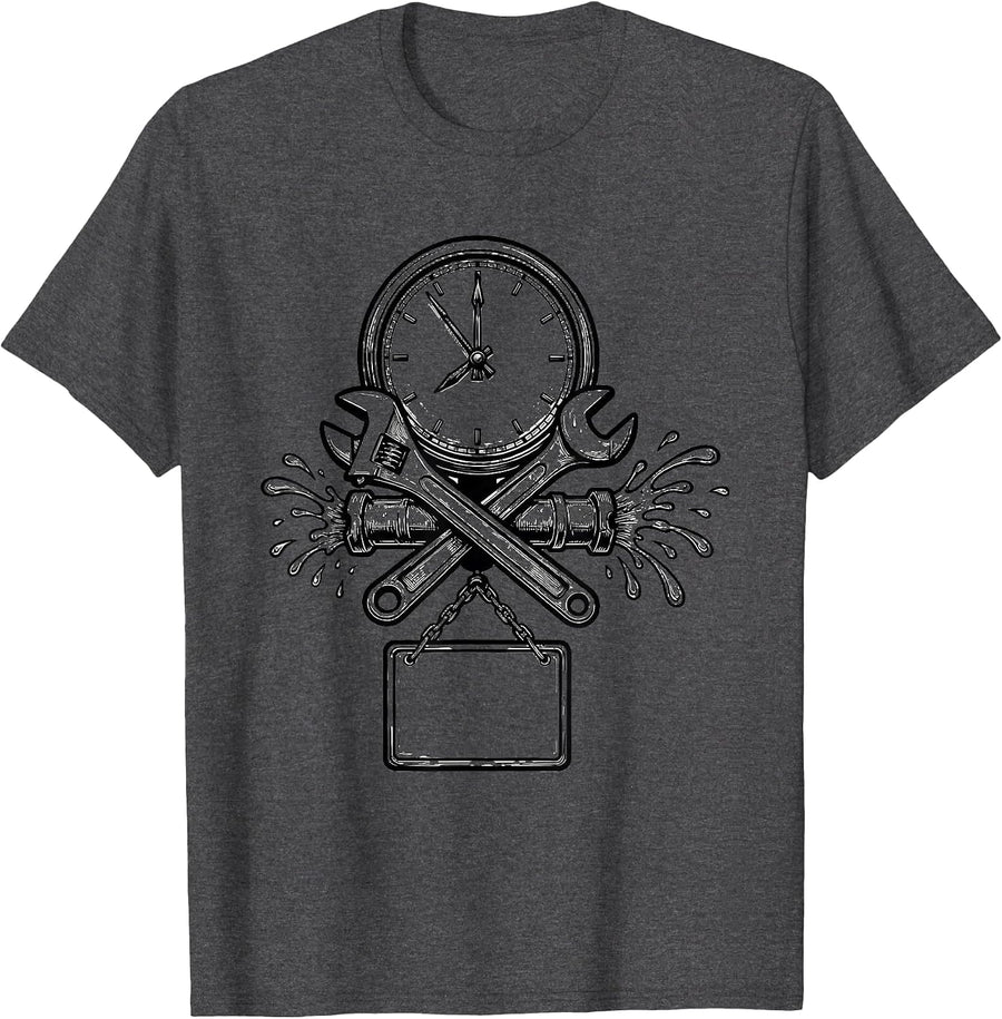 Men's Late Night Plumber Shop Clock Funny Pipefitter Humor T-Shirt - Dark Heather Grey