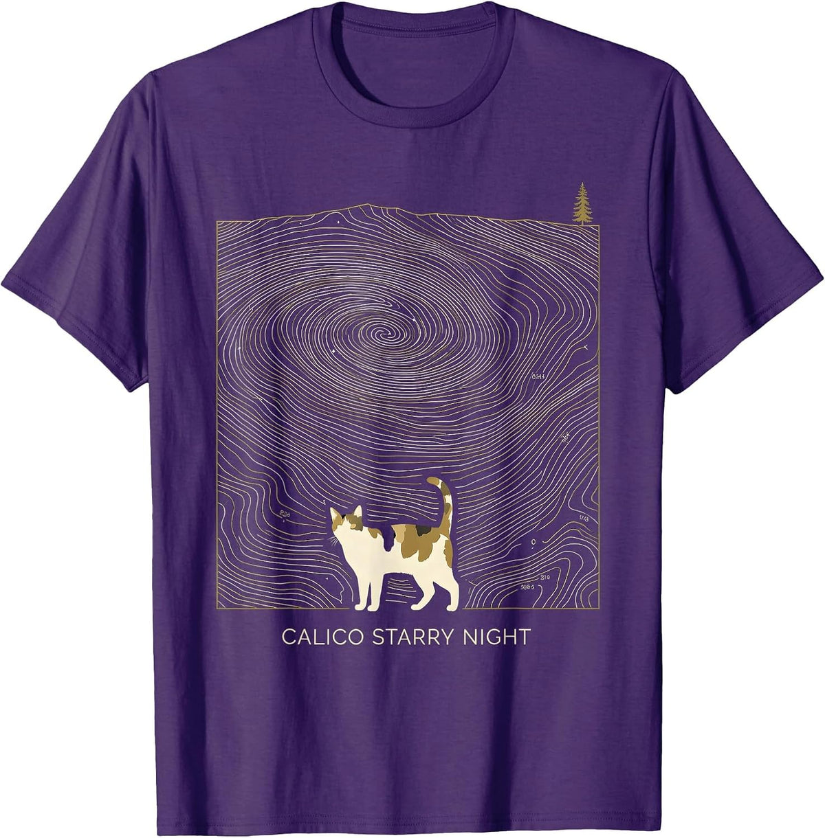 Men's Calico Starry Night Whimsical Van Gogh Cat Lover Art T-Shirt - Purple