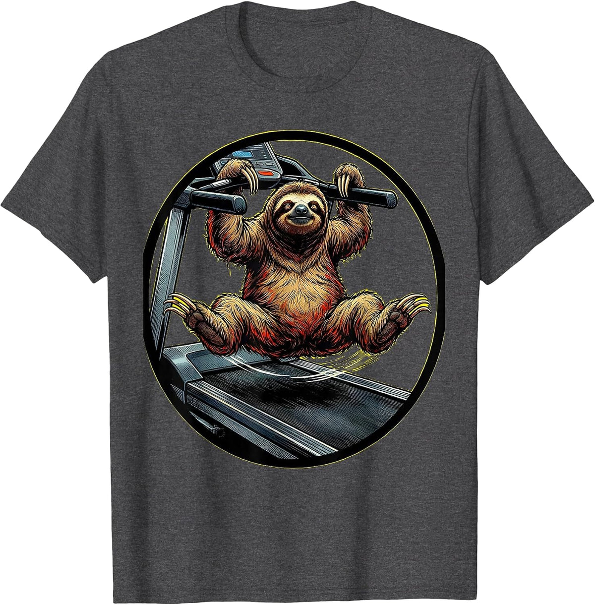 Funny Sloth Hanging On Treadmill Humor Graphic T-Shirt - Dark Heather Grey