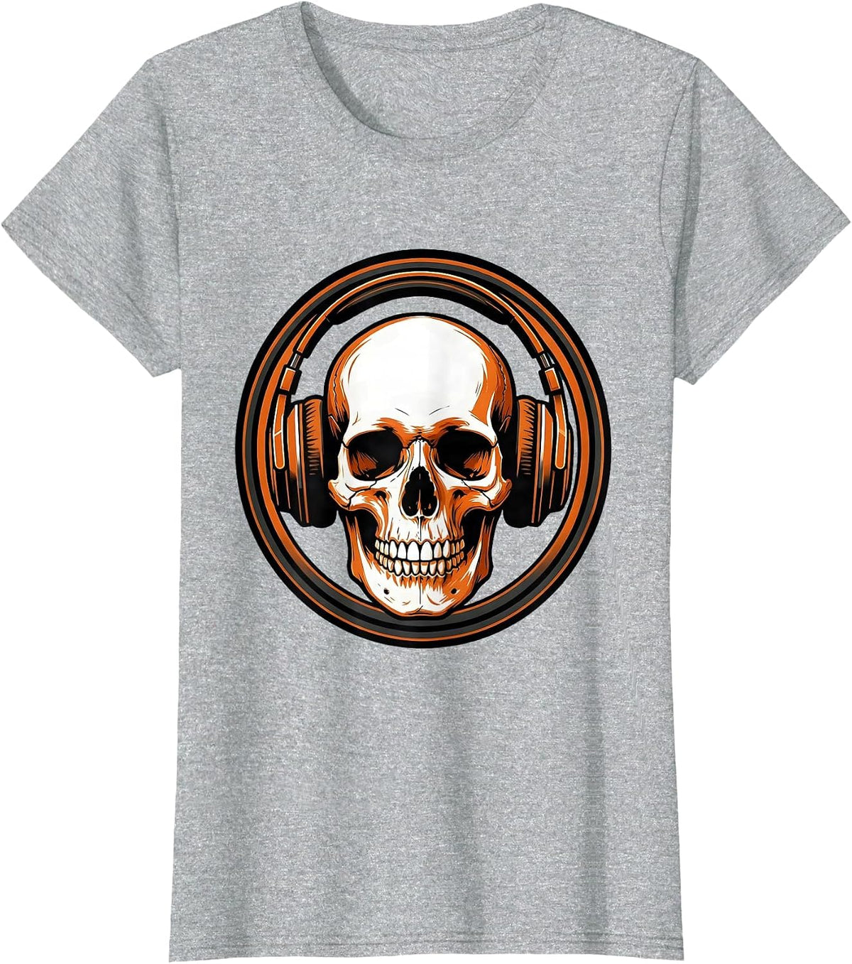 Women's Skull With Oversized Headphones Graphic Tee T-Shirt - Heather Grey
