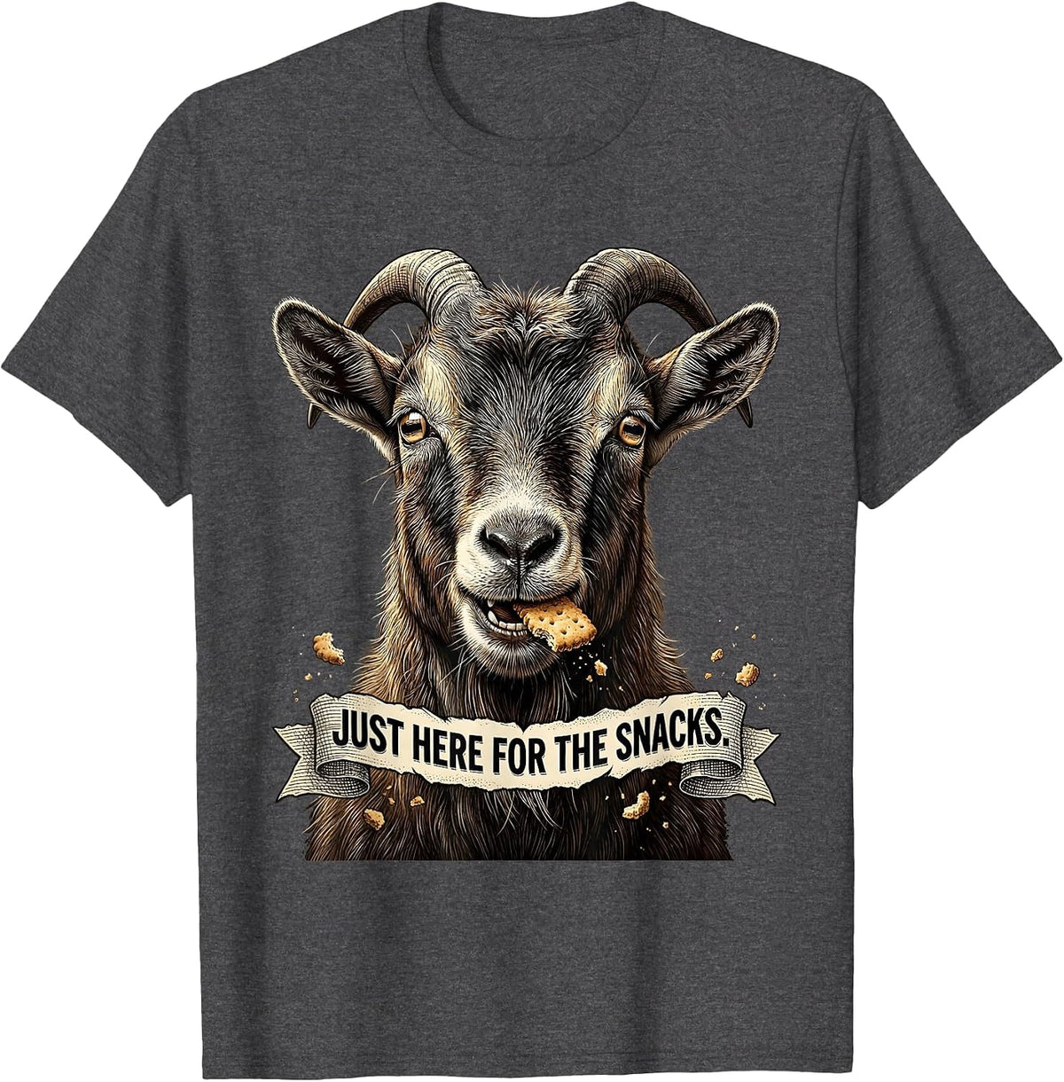 Men's Just Here for the Snacks Funny Goat Design T-Shirt - Dark Heather Grey