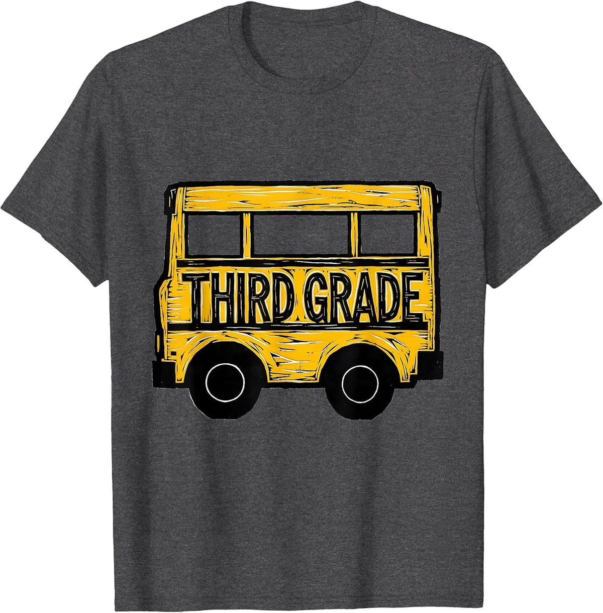 Men's Third Grade Linocut School Bus Teacher Student First Day T-Shirt - Dark Heather Grey