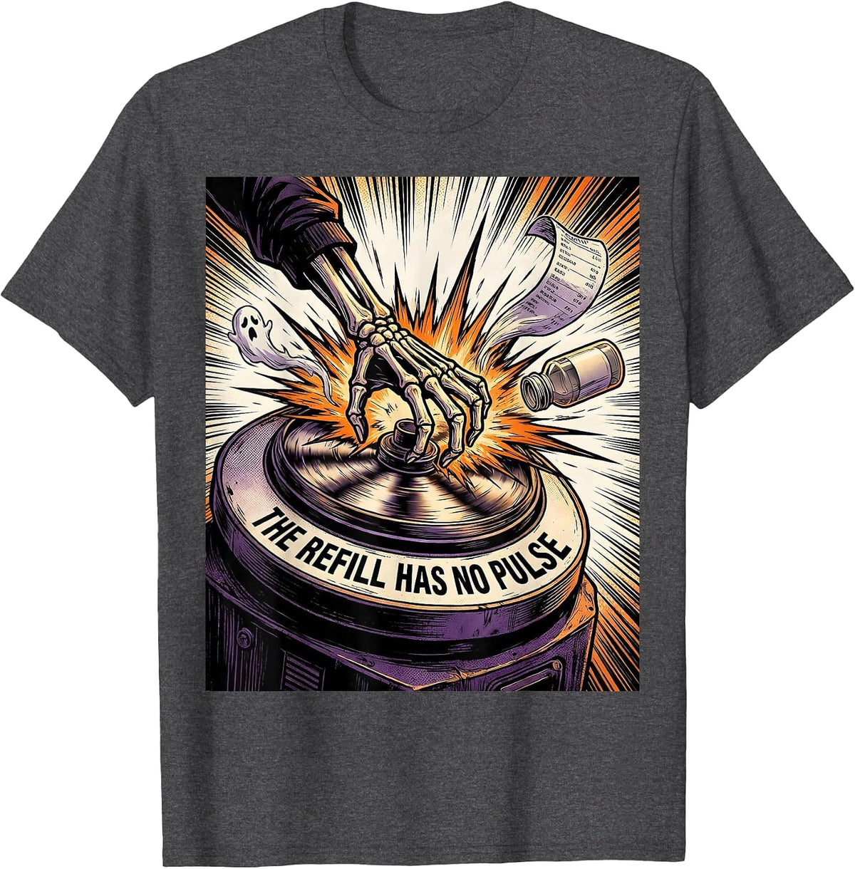 Men's The Refill Has No Pulse Funny Pharmacy Tech Halloween T-Shirt - Dark Heather Grey