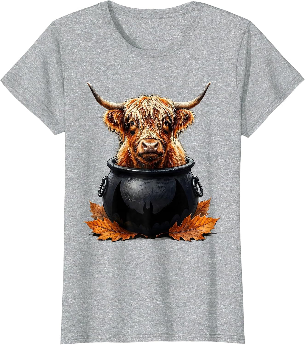 Women's Shaggy Highland Cow Witch Cauldron Halloween Costume Humor T-Shirt - Heather Grey