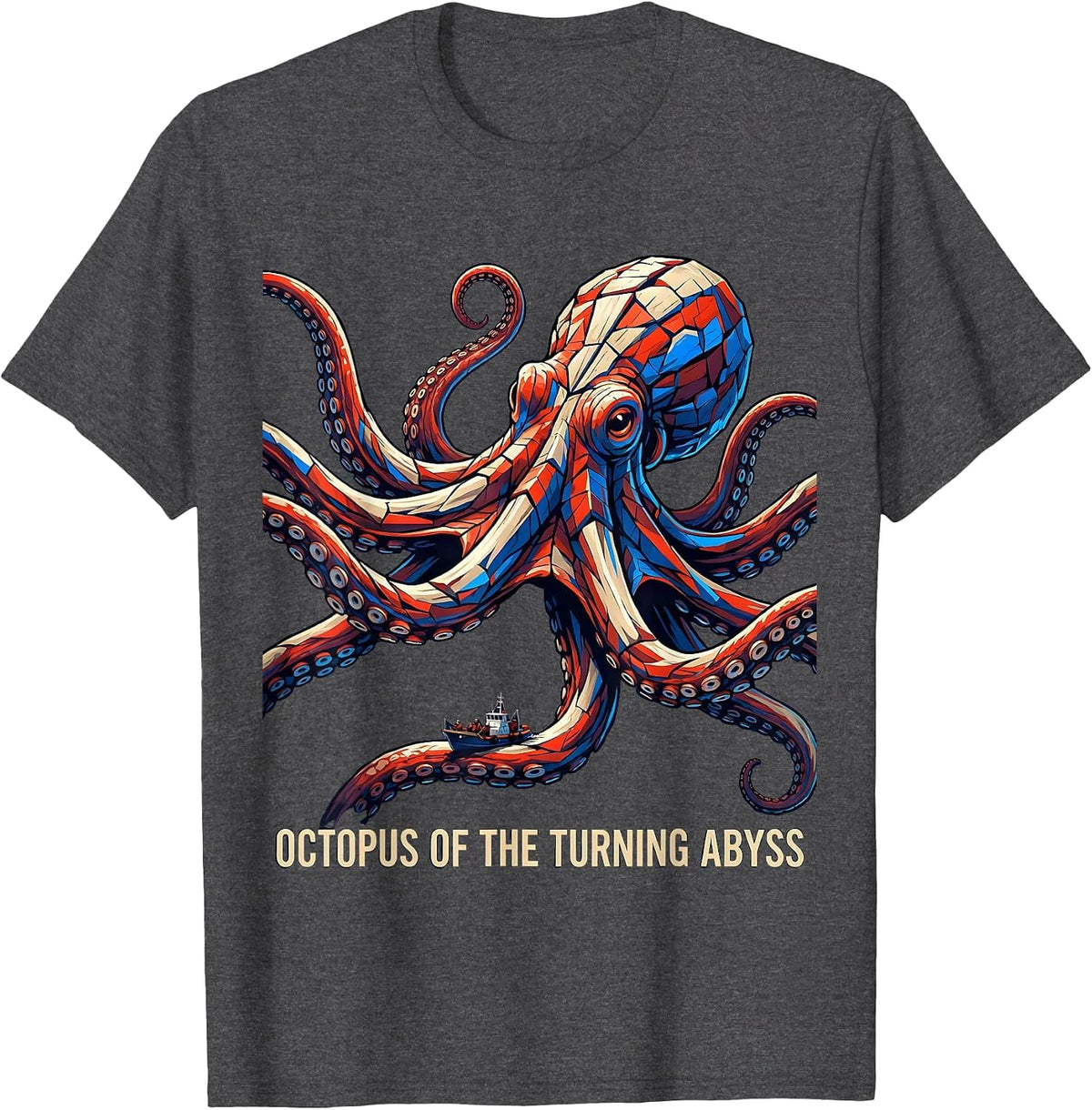 Octopus of the Turning Abyss Futurist Ocean Animal Art T-Shirt - Dark Heather Grey