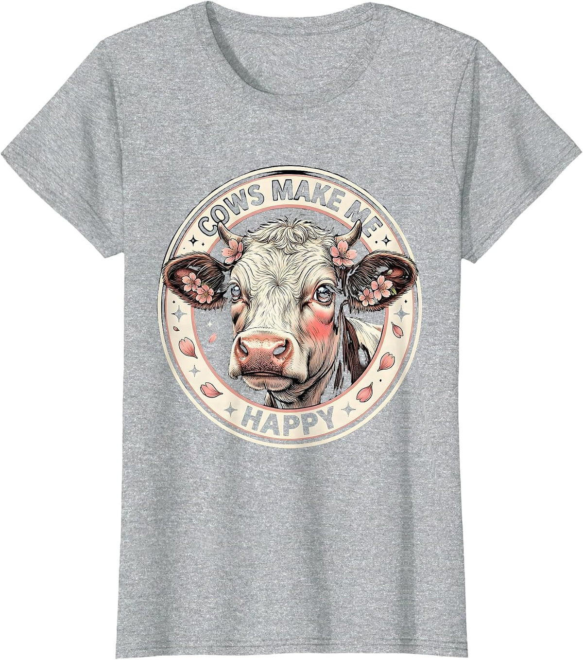 Women's Cows Make Me Happy Funny Cow Lover Design T-Shirt - Heather Grey