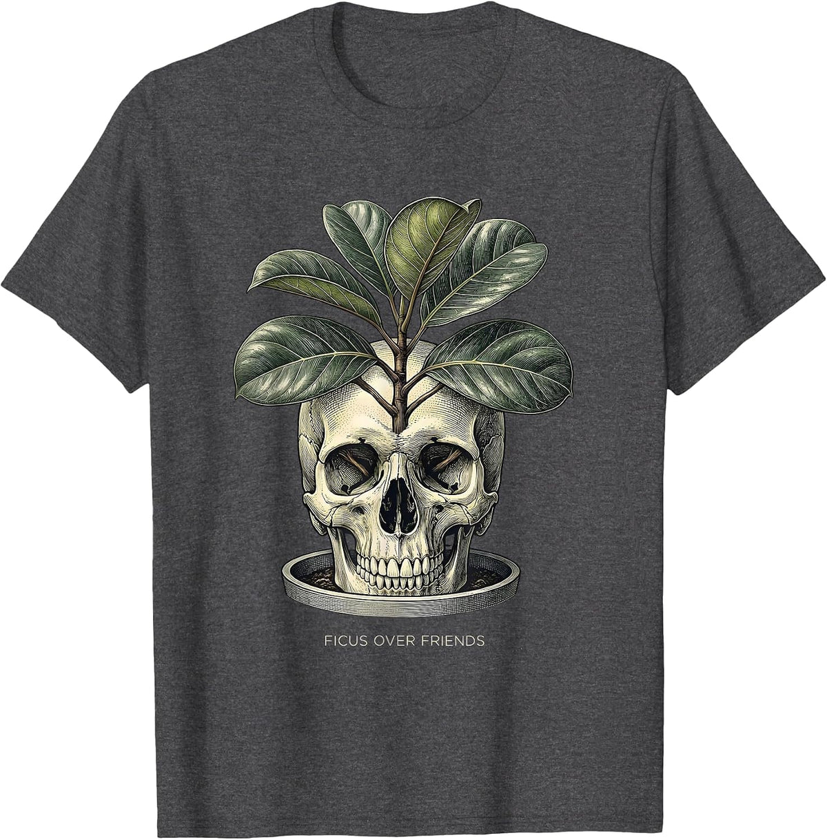 Men's Ficus Over Friends Grunge Botanical Plant Lover Skeleton T-Shirt - Dark Heather Grey