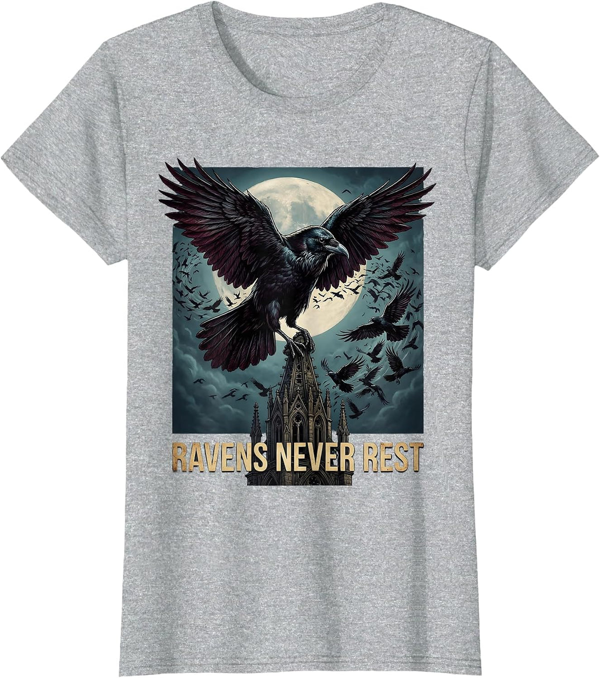 Ravens Never Rest Gothic Dark Bird Design T-Shirt - Heather Grey