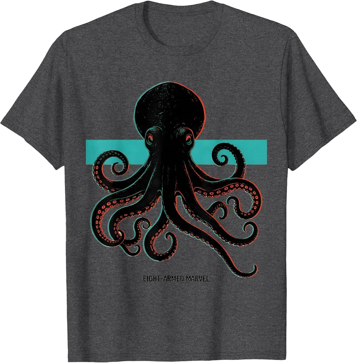 Eight-Armed Marvel Screenprint Poster Octopus Lover Ocean T-Shirt - Dark Heather Grey
