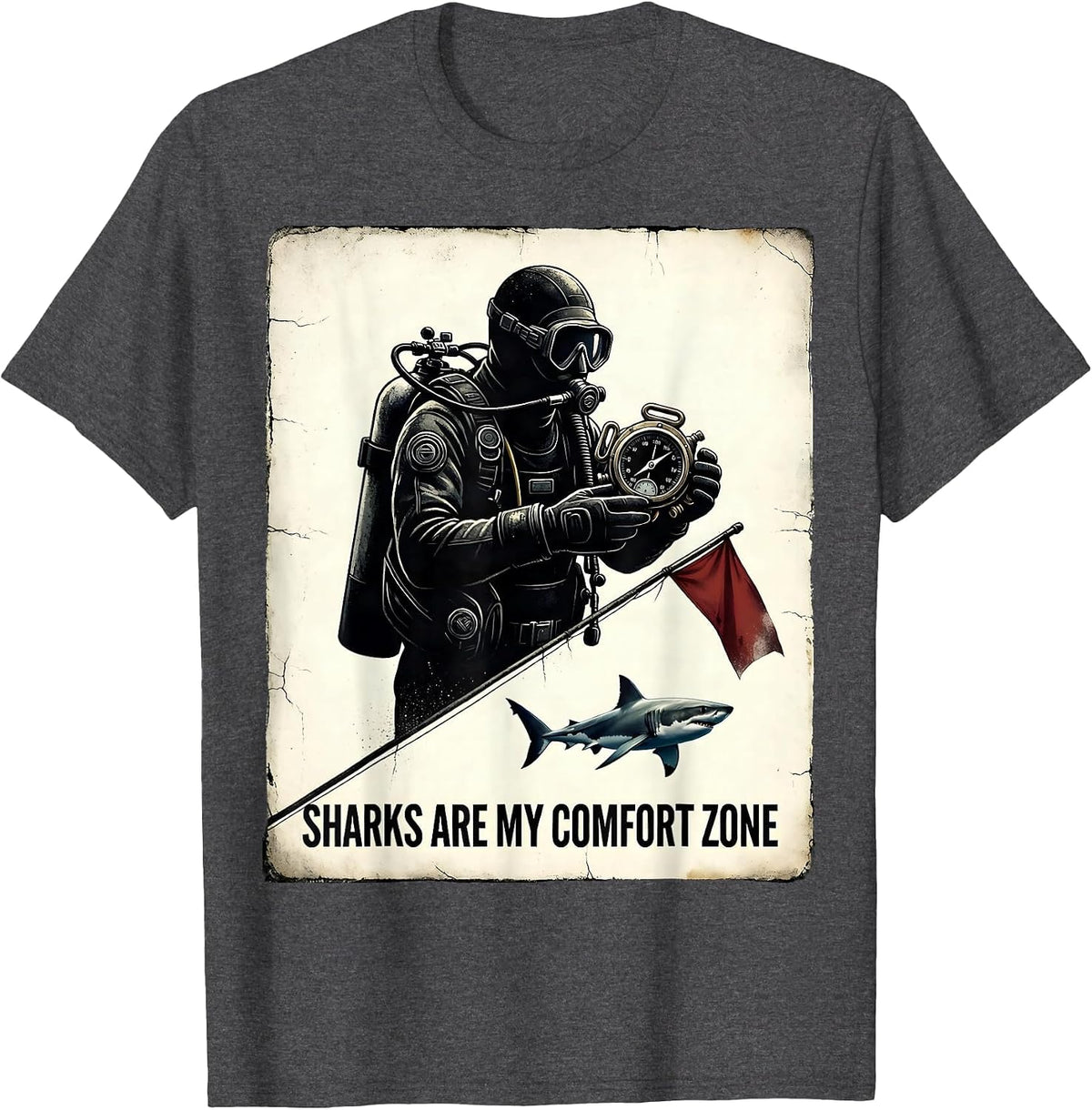 Men's Sharks Are My Comfort Zone Distressed Scuba Diver Humor Gift T-Shirt - Dark Heather Grey