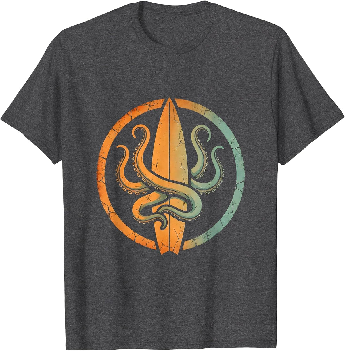 Octopus Surfboard Fin Surf Art Graphic Tee T-Shirt - Dark Heather Grey