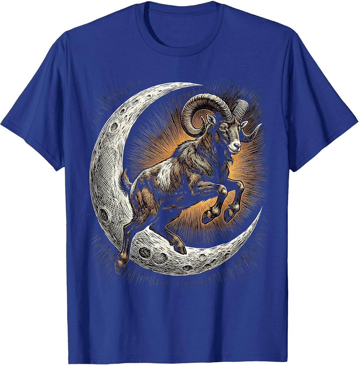 Goat Jumping Over Crescent Moon Illustration T-Shirt - Royal Blue