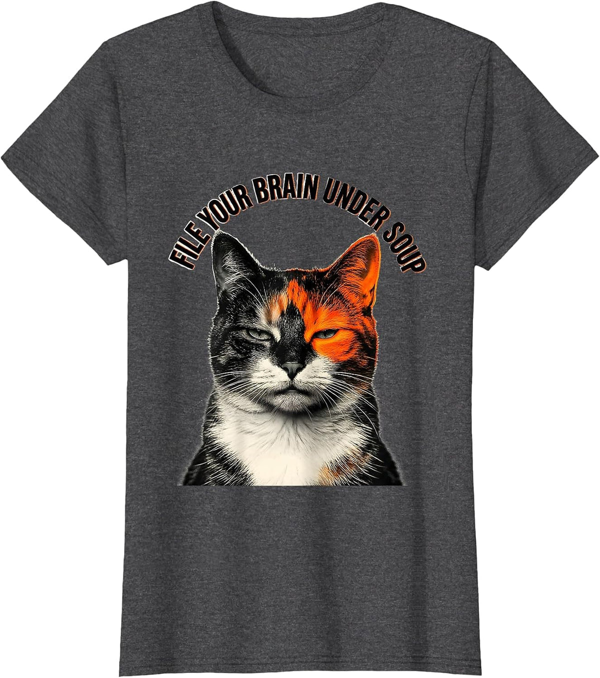 Women's File Your Brain Under Soup Funny Cat Meme Humor T-Shirt - Dark Heather Grey