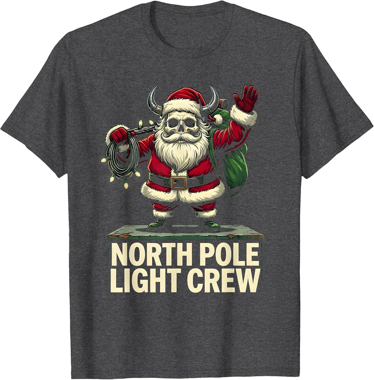 Men's North Pole Light Crew Cartoon Heavy Metal Santa Claus T-Shirt - Dark Heather Grey