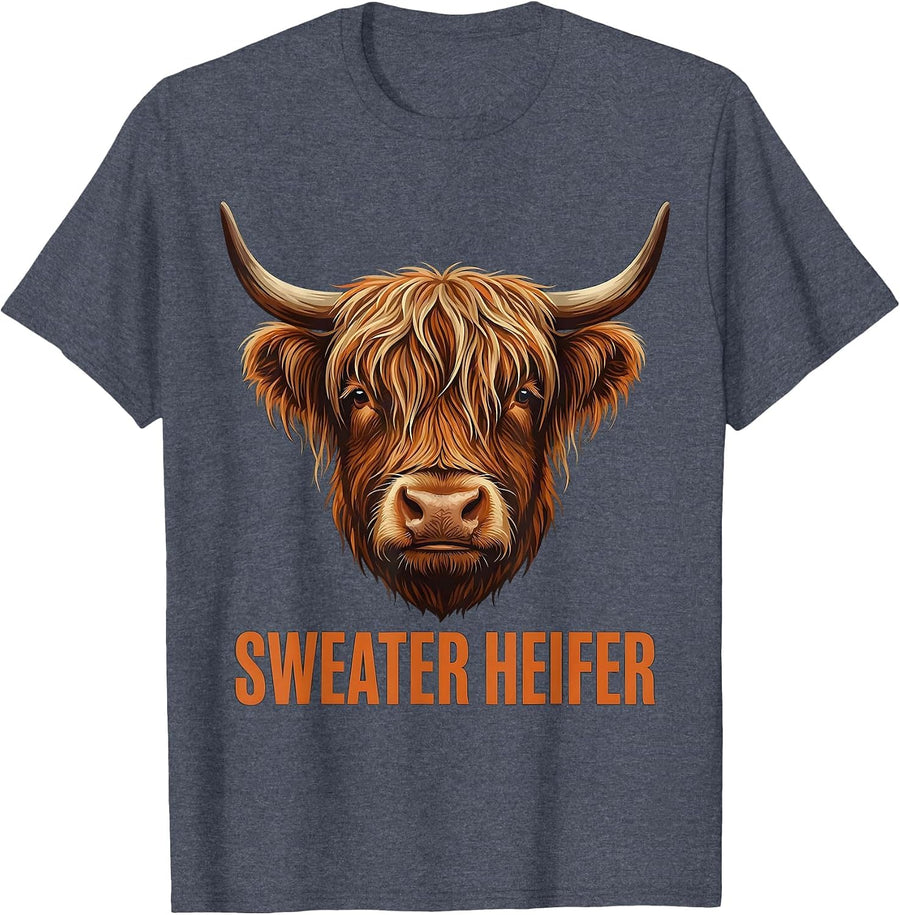 Sweater Heifer Funny Highland Cow Autumn Family Humor T-Shirt - Heather Blue