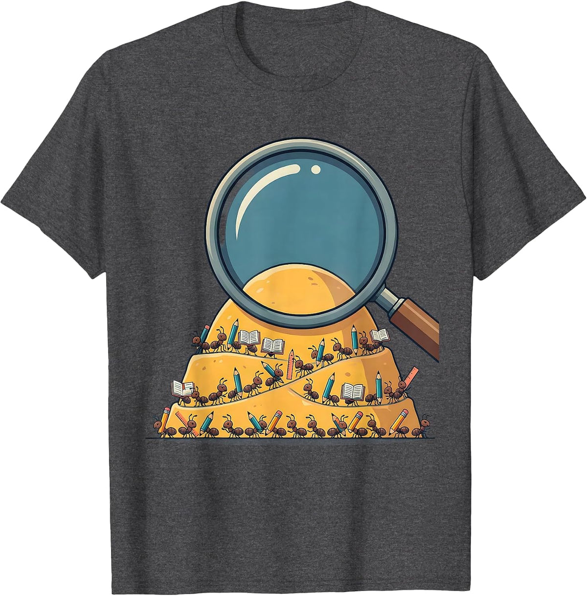 Men's Third Grade Teacher Magnifying Glass Ant Hill T-Shirt - Dark Heather Grey
