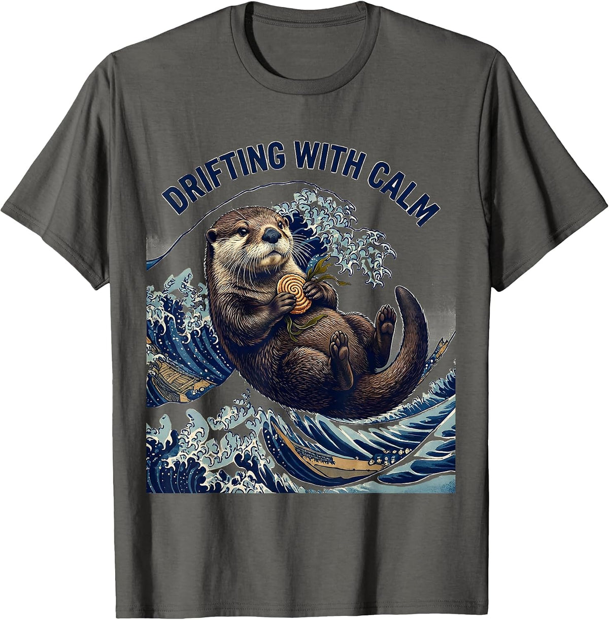 Drifting With Calm Ukiyo-e Sea Otter Lover Pun Humor T-Shirt - Asphalt Grey