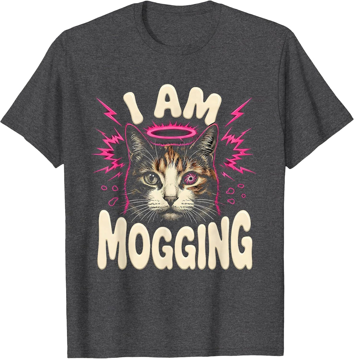 Men's I Am Mogging Funny Cat Meme Bootleg Graphic T-Shirt - Dark Heather Grey