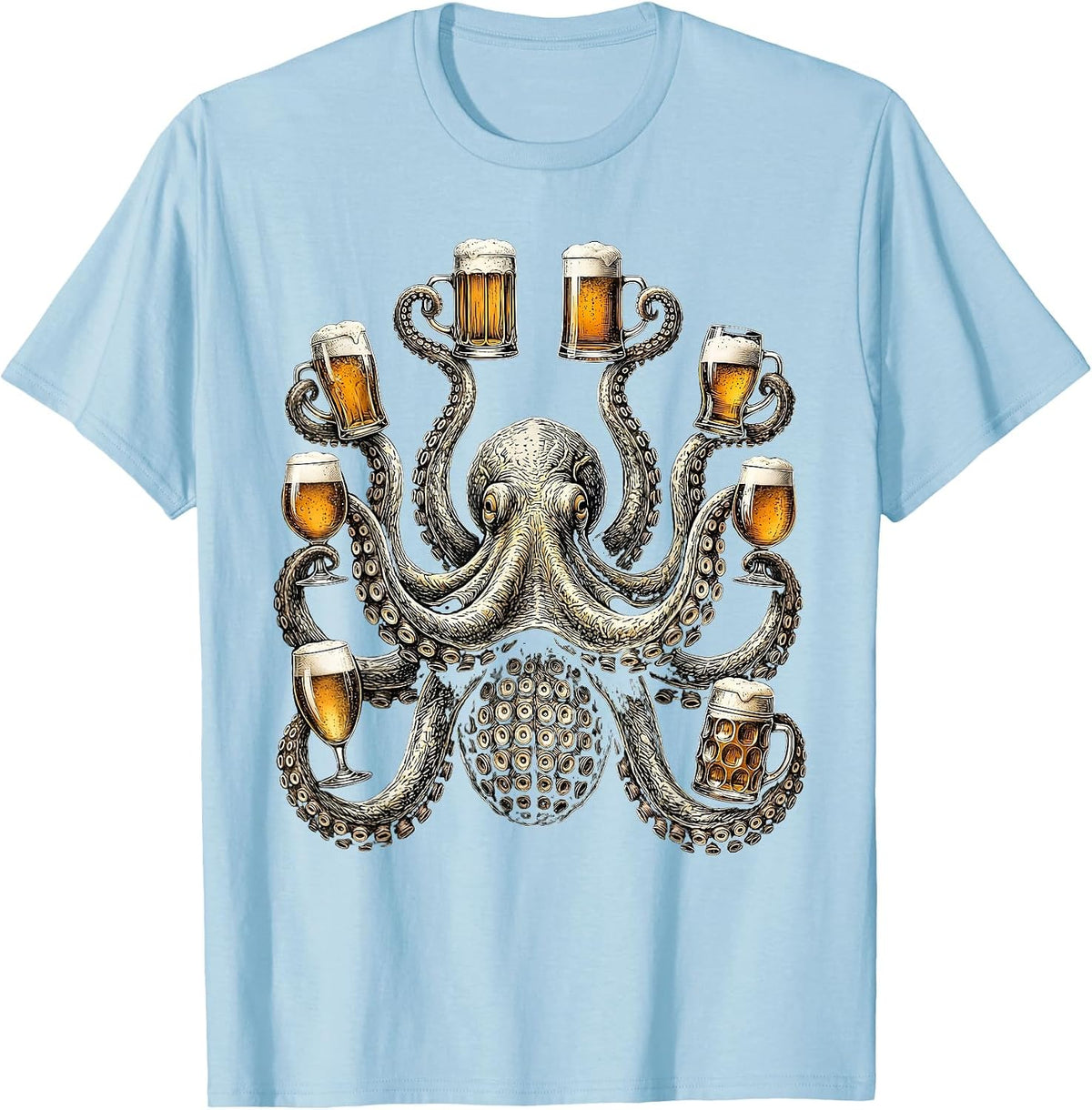 Octopus Holding Eight Beers Funny Drinking Art T-Shirt, Men, Baby Blue, Medium - As Pictured