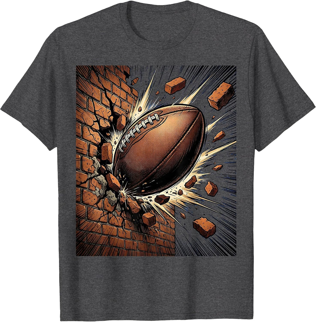 Rugby Ball Smashing Through Brick Wall Graphic T-Shirt - Dark Heather Grey