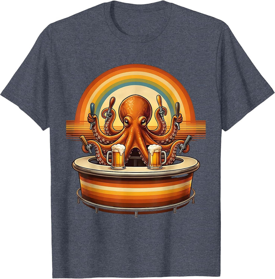 Octopus Bartender Eight Tap Beer Bar Illustration T-Shirt - Heather Blue