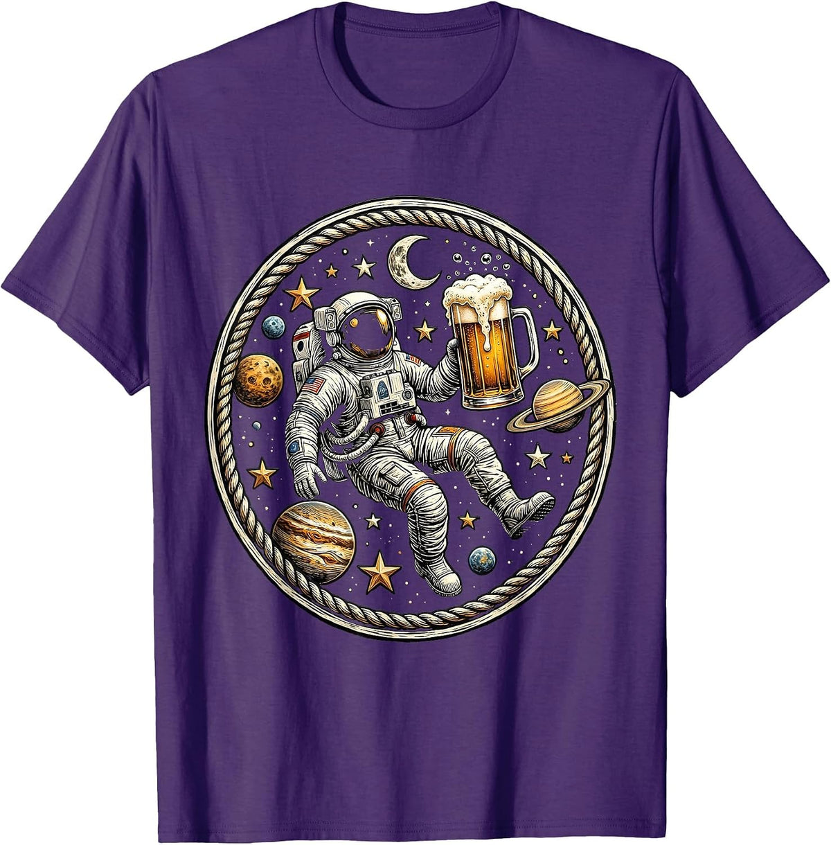 Men's Astronaut Floating With Beer in Outer Space T-Shirt - Purple