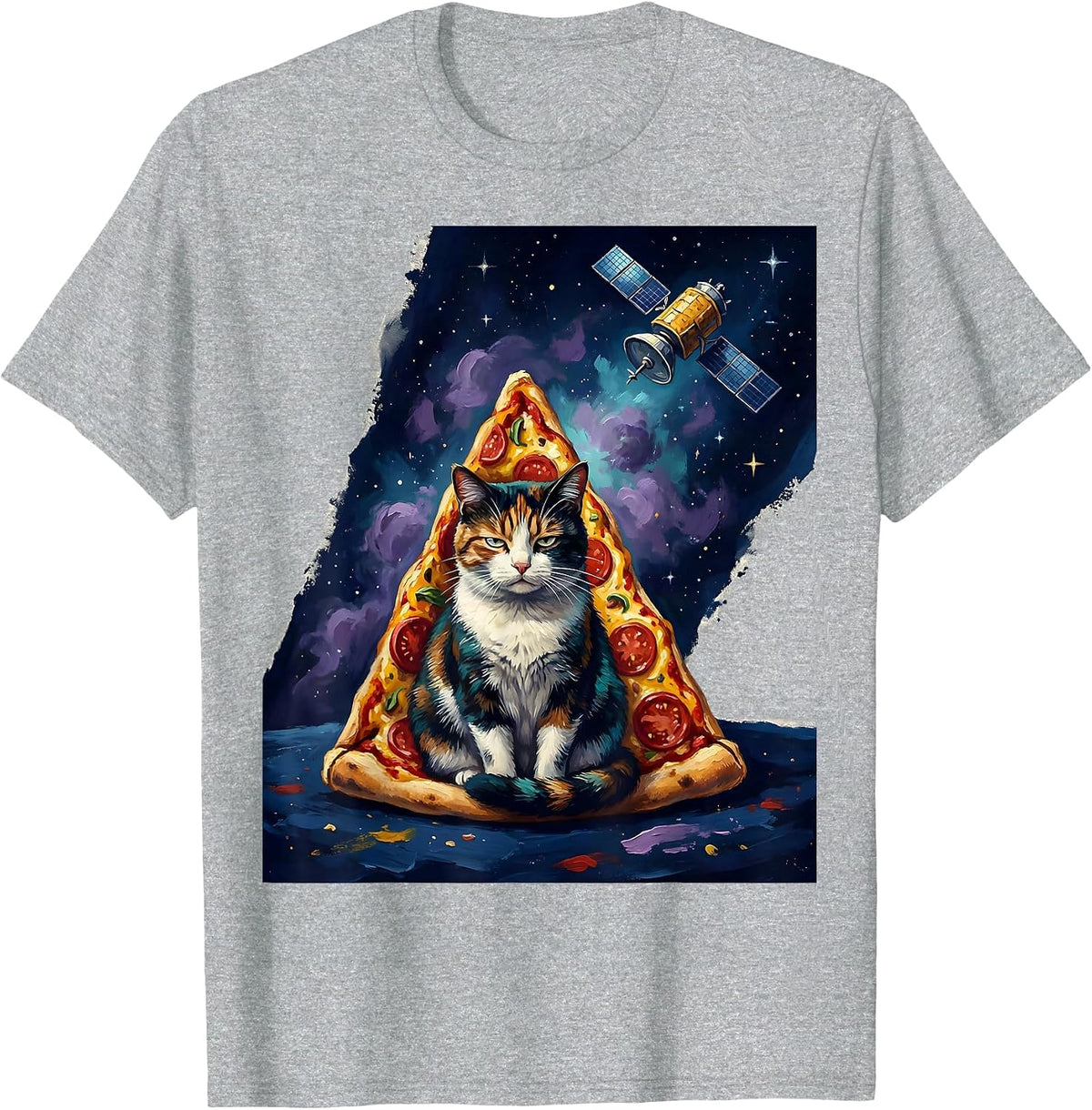 Men's Deadpan Cat In Pizza Slice Space Meme Humor T-Shirt - Heather Grey