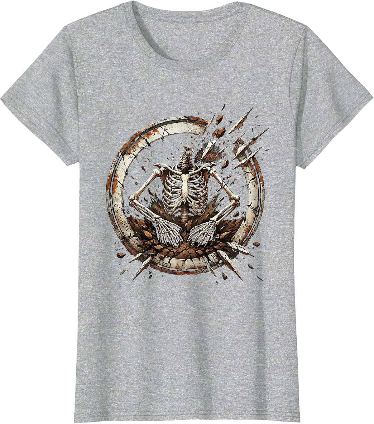 Grave Digger Skeleton Rising From Cracked Earth T-Shirt - Heather Grey