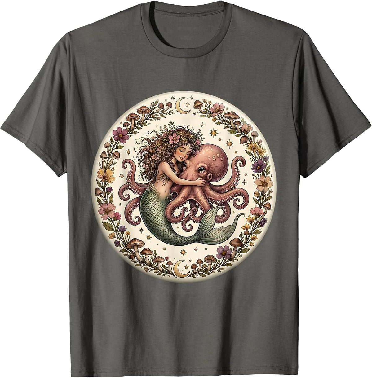 Mermaid vs Giant Octopus Epic Ocean Battle T-Shirt - Asphalt Grey