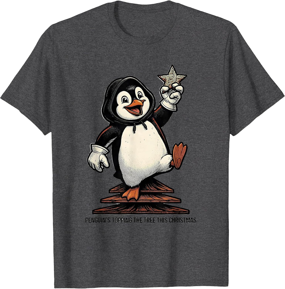 Men's Penguin's Topping The Tree This Christmas Funny T-Shirt - Dark Heather Grey