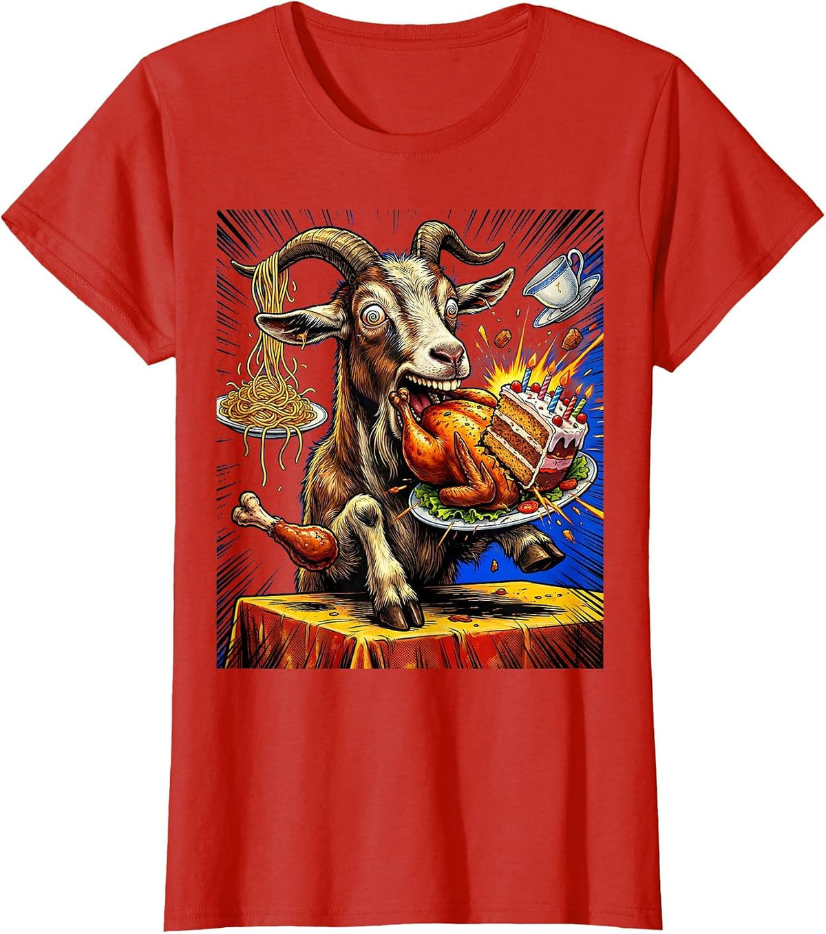 Funny Goat Eating Everything Off Dinner Table T-Shirt - Red