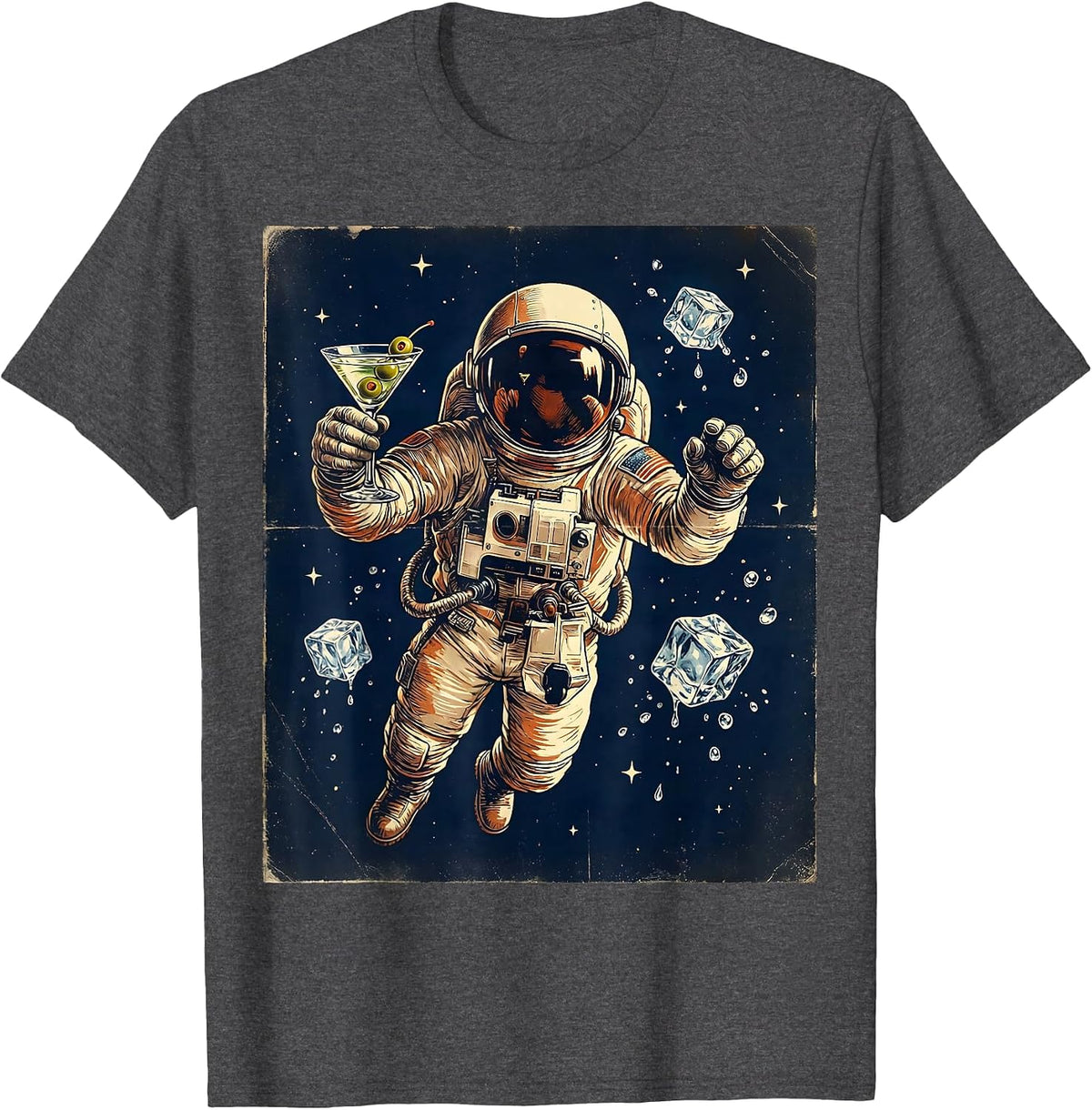 Men's Astronaut Floating With Cocktail in Space T-Shirt - Dark Heather Grey