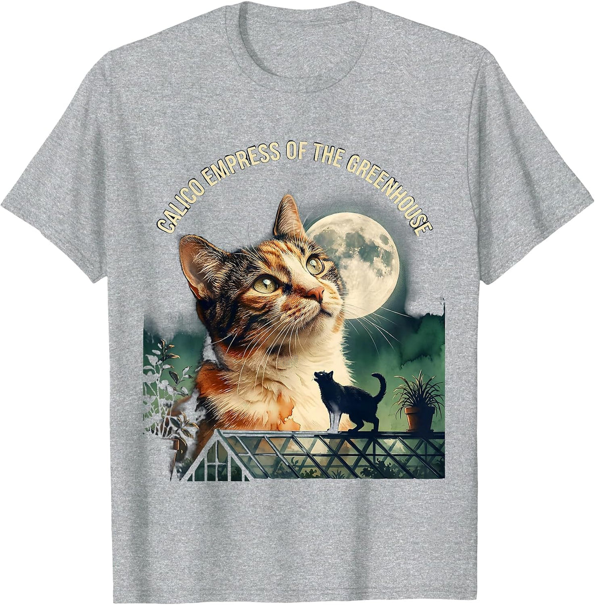 Men's Calico Empress of the Greenhouse Vintage Cat Howling at Moon T-Shirt - Heather Grey