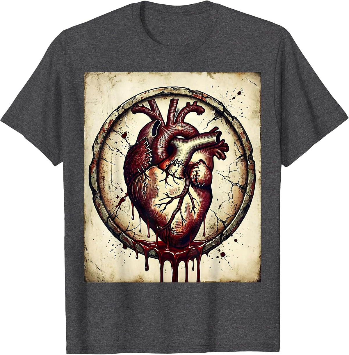 Men's Dripping Heart Torn Stitches Bloody Gothic Design T-Shirt - Dark Heather Grey