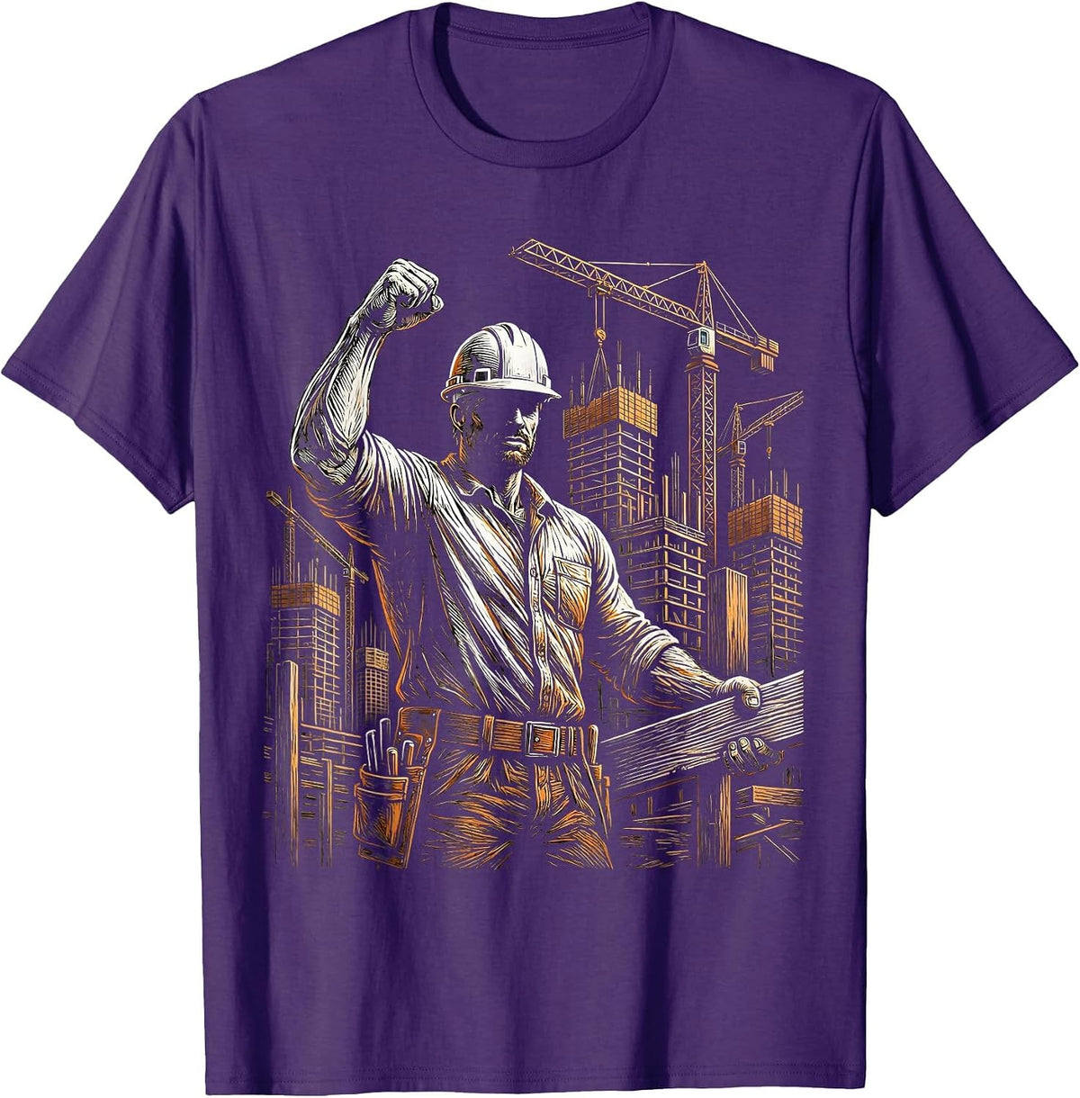 Labor Day Construction Worker City Skyline T-Shirt - Purple