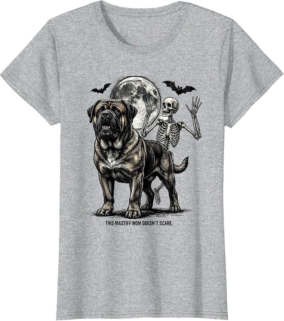 Women's This Mastiff Mom Doesn't Scare Funny Skeleton Chasing Dog T-Shirt - Heather Grey